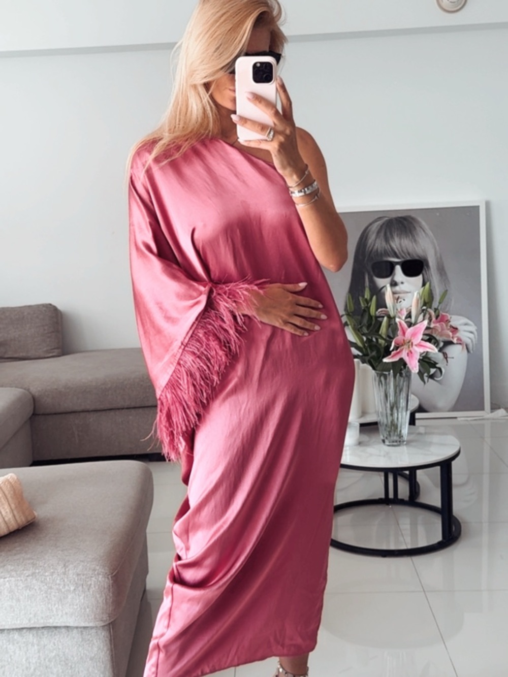 Zara Rose Pink Satin One-Shoulder Feather Sleeve Dress